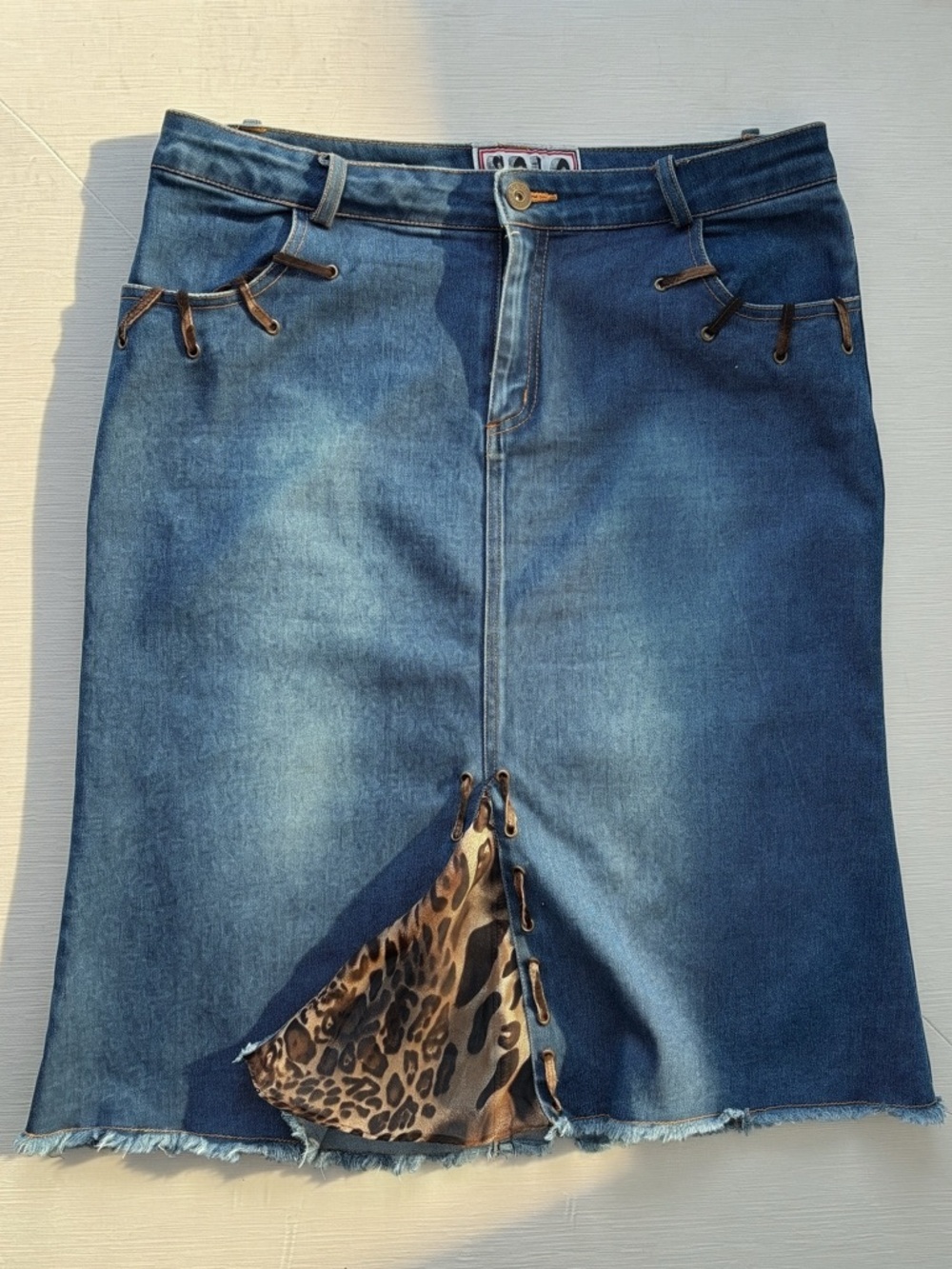 Y2K Denim Midi Skirt Size 10 Leopard Inset Lace Up Western Festival Style